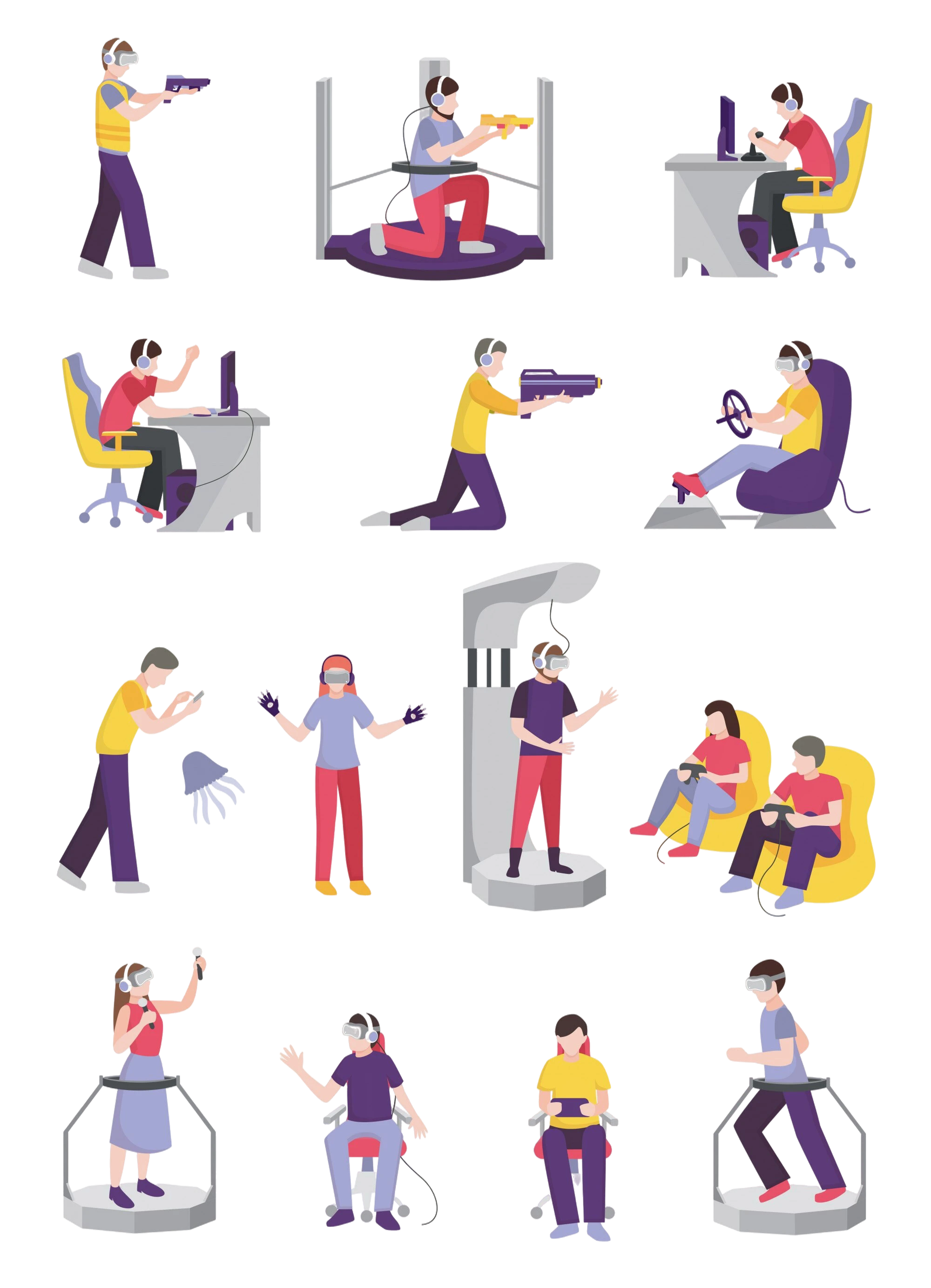 Diverse gamers and esports players engaging with gaming devices, virtual reality headsets, and computers in colorful yellow, purple, and red outfits. The illustration shows multiple people enjoying gaming activities - sitting at desks, standing with controllers, using VR equipment, and jumping on trampolines - representing a vibrant, energetic esports community ecosystem with gaming and entertainment at its core.